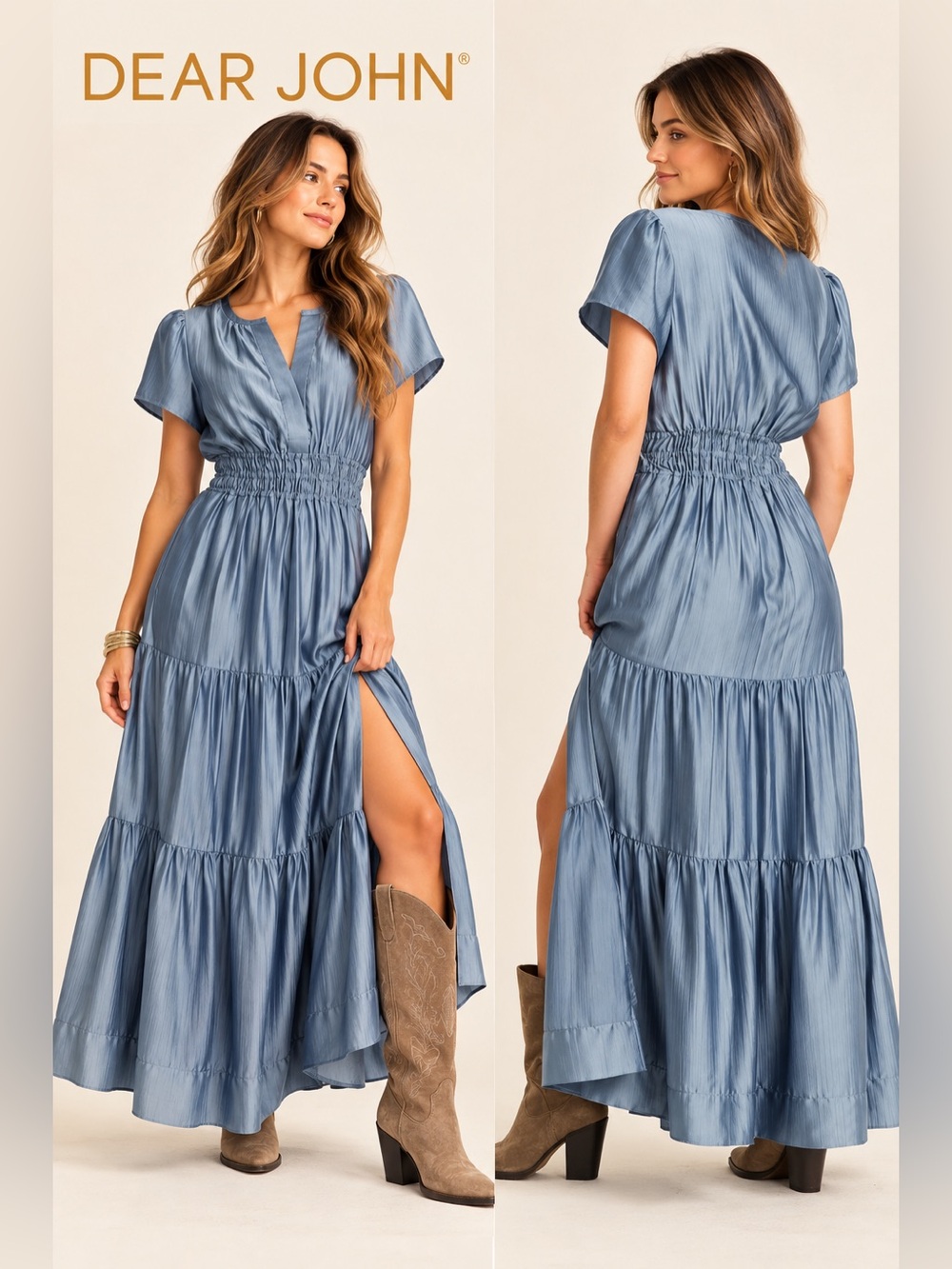 Dear John Blue Satin Tiered Maxi Dress NWOT